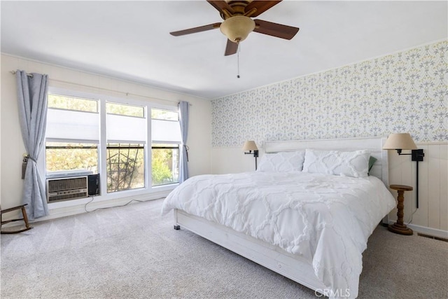 4955 Arizona Ave, Atascadero, CA 93422 - carpeted bedroom featuring wallpapered walls, a wainscoted wall, ceiling fan, and cooling unit