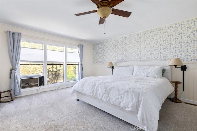 4955 Arizona Ave, Atascadero, CA 93422 - carpeted bedroom with wallpapered walls, wainscoting, ceiling fan, and cooling unit