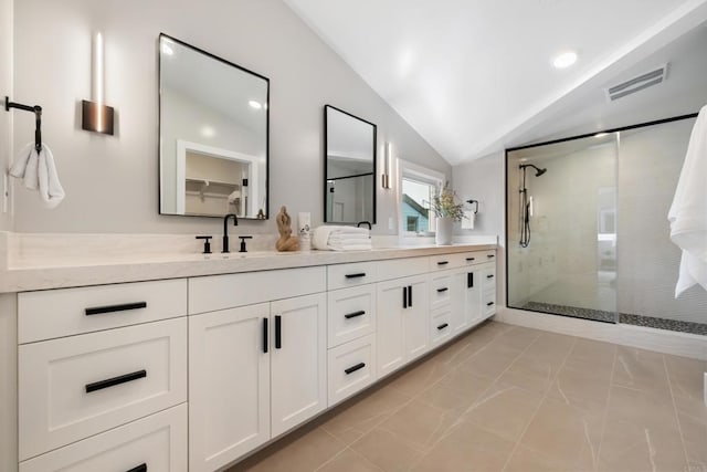 3586 Garfield St, Carlsbad, CA 92008 - full bath featuring double vanity, a shower stall, lofted ceiling, and recessed lighting