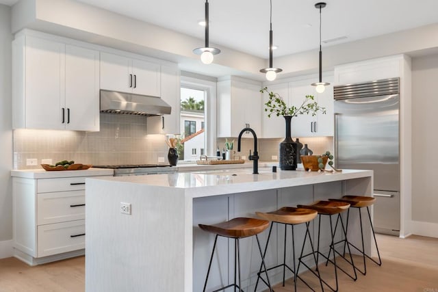 3586 Garfield St, Carlsbad, CA 92008 - kitchen featuring appliances with stainless steel finishes, under cabinet range hood, light wood-style floors, light countertops, and an island with sink