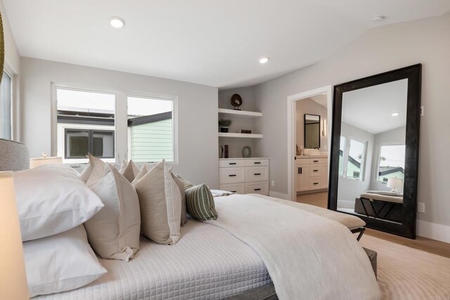 3586 Garfield St, Carlsbad, CA 92008 - bedroom with light wood finished floors, lofted ceiling, and recessed lighting
