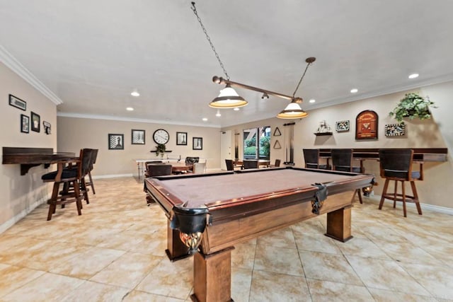 6354 Rancho Mission Rd Unit 517, San Diego, CA 92108 - recreation room with pool table, crown molding, light tile patterned floors, and recessed lighting