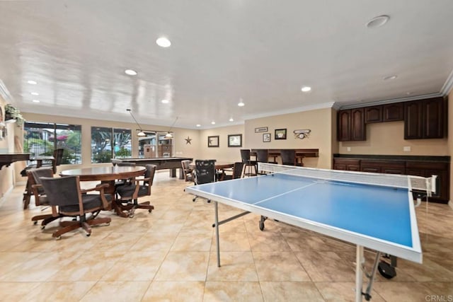 6354 Rancho Mission Rd Unit 517, San Diego, CA 92108 - playroom with ornamental molding, recessed lighting, light tile patterned floors, pool table, and a community bar