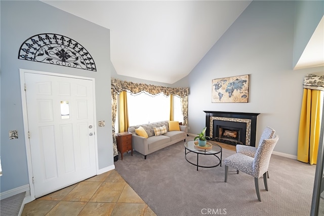 20004 Kent Ln, Canyon Country, CA 91351 - living area featuring high vaulted ceiling, a high end fireplace, and carpet floors
