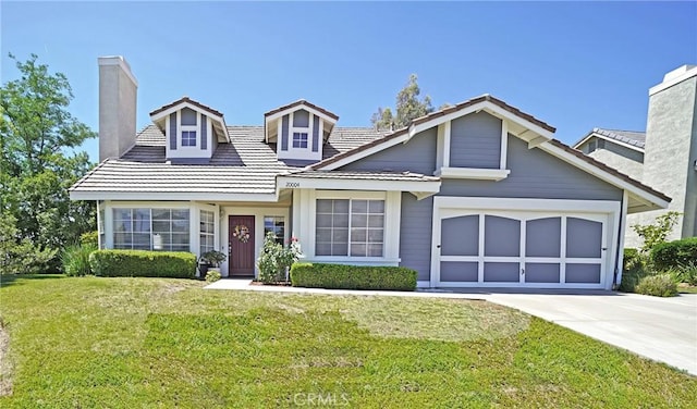 20004 Kent Ln, Canyon Country, CA 91351 - traditional-style house with a chimney, driveway, a front yard, an attached garage, and a tile roof