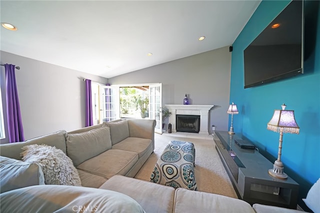 27768 Crookshank Dr, Saugus, CA 91350 - living area with light colored carpet, vaulted ceiling, a fireplace with raised hearth, and recessed lighting