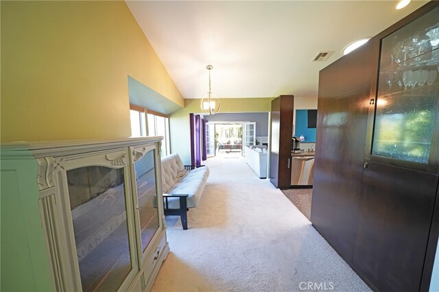 27768 Crookshank Dr, Saugus, CA 91350 - hallway with vaulted ceiling and carpet floors