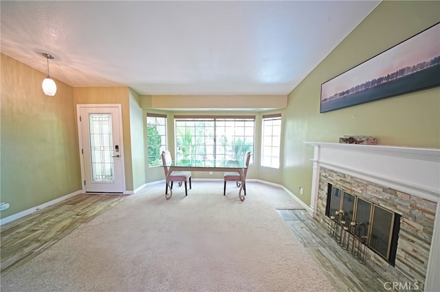 27768 Crookshank Dr, Saugus, CA 91350 - recreation room featuring a stone fireplace, carpet, and lofted ceiling