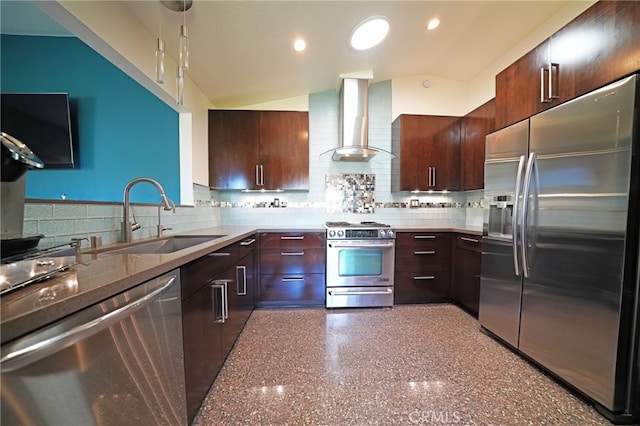 27768 Crookshank Dr, Saugus, CA 91350 - kitchen with stainless steel appliances, wall chimney range hood, vaulted ceiling, dark brown cabinetry, and backsplash