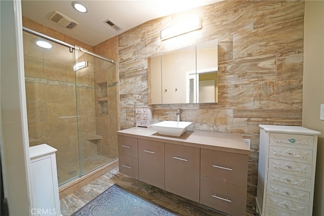 27768 Crookshank Dr, Saugus, CA 91350 - bathroom with tile walls, vanity, and a stall shower