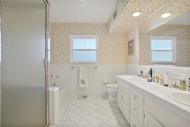 1801 Wilson Ave, Arcadia, CA 91006 - full bath featuring wainscoting, a shower stall, tile patterned floors, double vanity, and a bath