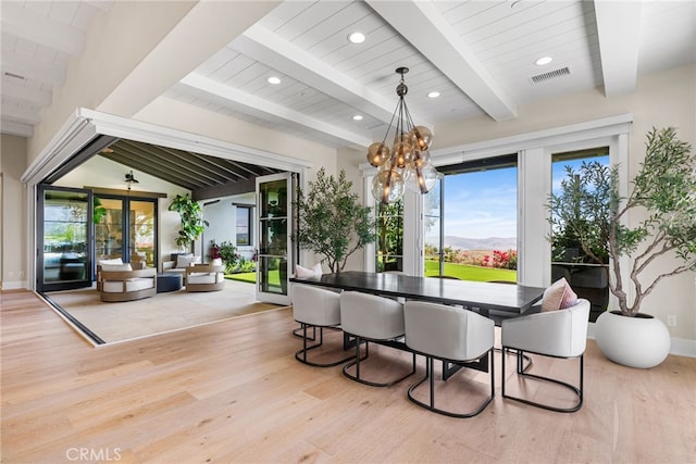 30 Catalina Vista Rd, Ladera Ranch, CA 92694 - dining space featuring light wood finished floors, wooden ceiling, a mountain view, recessed lighting, and a chandelier