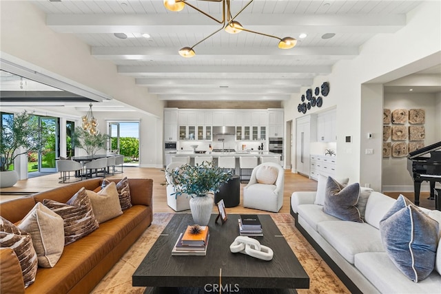 30 Catalina Vista Rd, Ladera Ranch, CA 92694 - living area featuring a chandelier, a wooden ceiling with exposed beams, and light wood-style floors