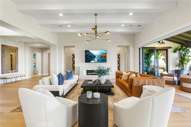 30 Catalina Vista Rd, Ladera Ranch, CA 92694 - living area with light wood-style flooring, beam ceiling, a chandelier, and recessed lighting