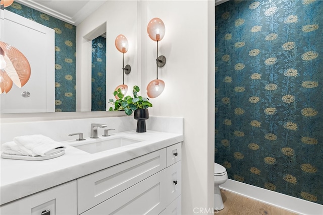 30 Catalina Vista Rd, Ladera Ranch, CA 92694 - bathroom with wood finished floors, vanity, and ornamental molding