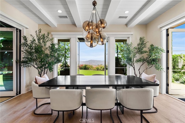 30 Catalina Vista Rd, Ladera Ranch, CA 92694 - dining space with beam ceiling, a chandelier, light wood-style floors, healthy amount of natural light, and recessed lighting
