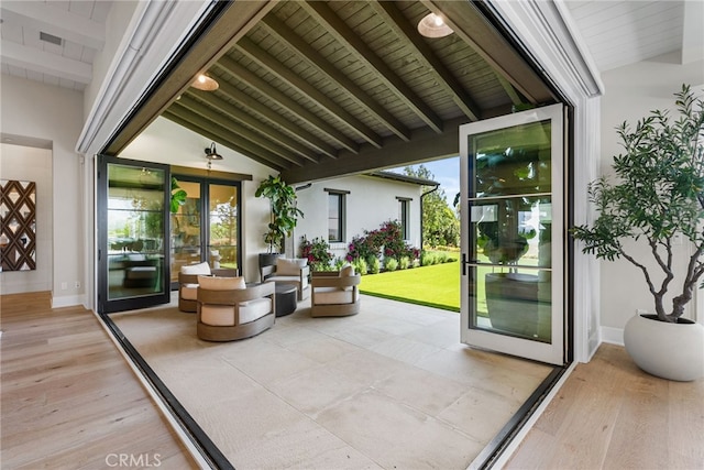 30 Catalina Vista Rd, Ladera Ranch, CA 92694 - doorway to outside featuring wood ceiling, light wood-style floors, and french doors