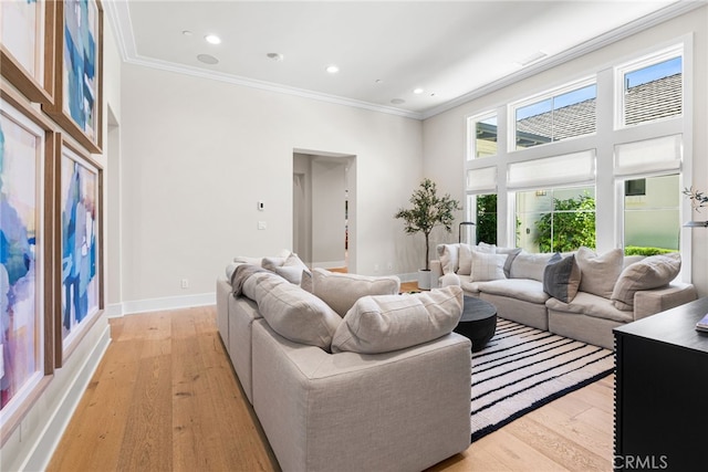 30 Catalina Vista Rd, Ladera Ranch, CA 92694 - living area featuring light wood-type flooring, ornamental molding, and recessed lighting