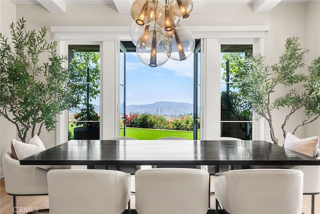 30 Catalina Vista Rd, Ladera Ranch, CA 92694 - dining room featuring a chandelier, plenty of natural light, wood finished floors, and a mountain view