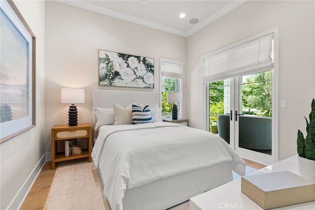 30 Catalina Vista Rd, Ladera Ranch, CA 92694 - bedroom featuring access to exterior, light wood finished floors, ornamental molding, french doors, and recessed lighting