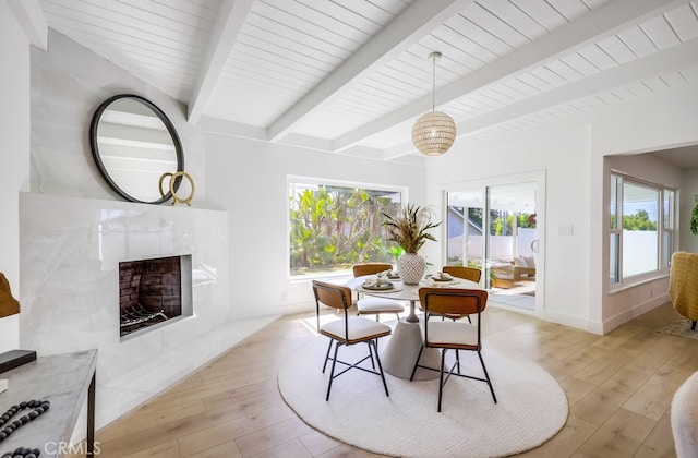 4532 Zella Ln, Yorba Linda, CA 92886 - dining room featuring light wood finished floors, beamed ceiling, and a premium fireplace