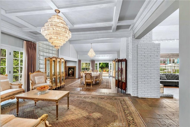 17437 Tarzana St, Encino, CA 91316 - sunroom / solarium with a chandelier, beam ceiling, and coffered ceiling