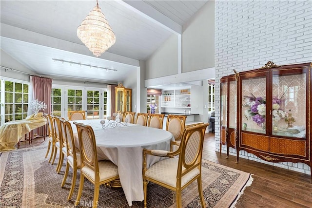 17437 Tarzana St, Encino, CA 91316 - dining room featuring a chandelier, hardwood / wood-style floors, beam ceiling, and high vaulted ceiling