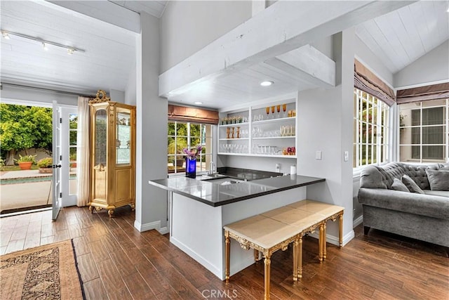 17437 Tarzana St, Encino, CA 91316 - kitchen with vaulted ceiling, dark wood finished floors, track lighting, open floor plan, and dark countertops