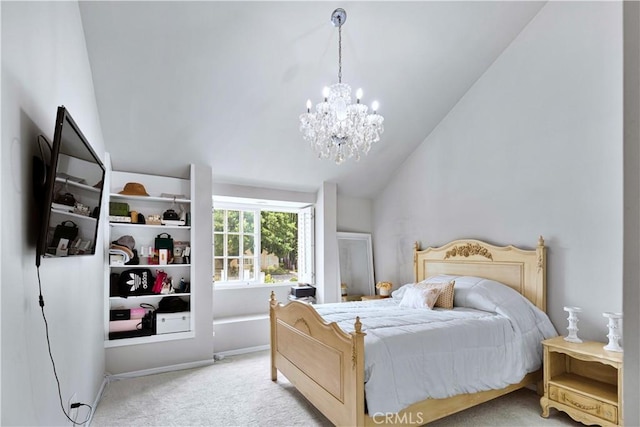 17437 Tarzana St, Encino, CA 91316 - bedroom with vaulted ceiling, light colored carpet, and a chandelier