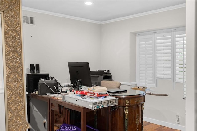 17437 Tarzana St, Encino, CA 91316 - home office featuring wood finished floors, ornamental molding, and recessed lighting