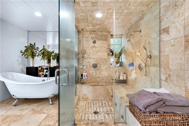 17437 Tarzana St, Encino, CA 91316 - bathroom featuring a freestanding bath, a shower stall, and recessed lighting
