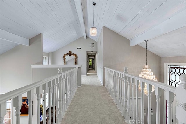 17437 Tarzana St, Encino, CA 91316 - hall featuring carpet flooring, an upstairs landing, a chandelier, and plenty of natural light