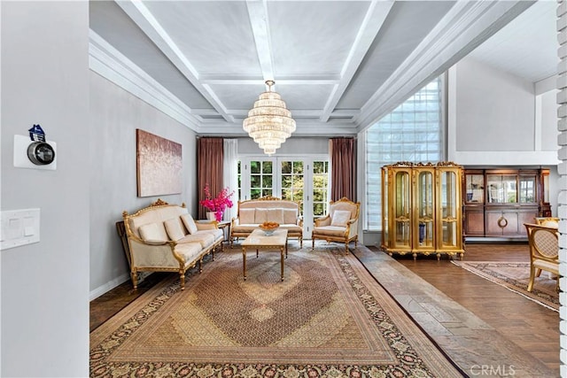 17437 Tarzana St, Encino, CA 91316 - sitting room with a chandelier, beam ceiling, wood finished floors, and coffered ceiling