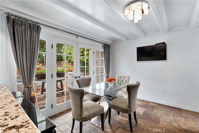 17437 Tarzana St, Encino, CA 91316 - dining area featuring french doors, beam ceiling, stone tile floors, a chandelier, and ornamental molding