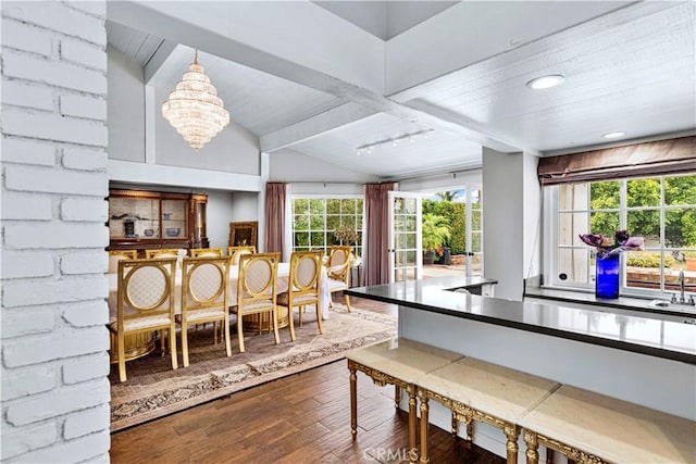 17437 Tarzana St, Encino, CA 91316 - dining space featuring hardwood / wood-style floors, a chandelier, and wood ceiling