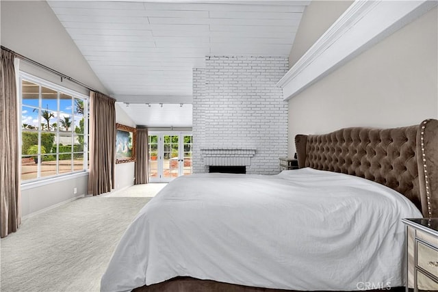17437 Tarzana St, Encino, CA 91316 - carpeted bedroom featuring vaulted ceiling and a brick fireplace