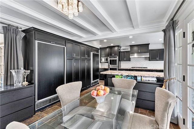 17437 Tarzana St, Encino, CA 91316 - dining space with crown molding, beam ceiling, and a chandelier