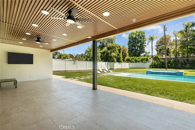 16810 Adlon Rd, Encino, CA 91436 - fenced backyard featuring ceiling fan and a patio