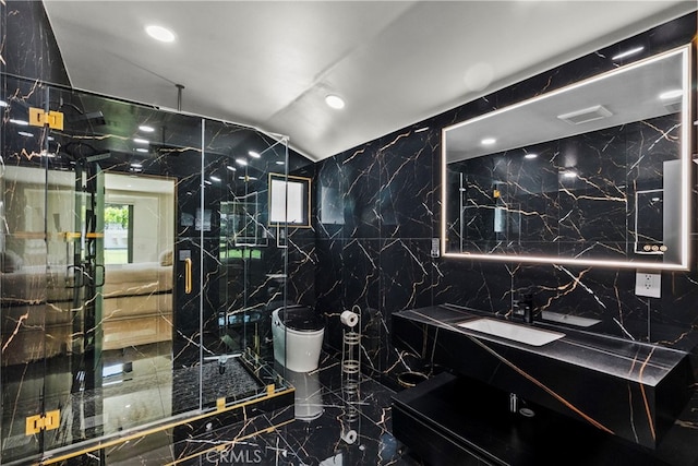 16810 Adlon Rd, Encino, CA 91436 - bathroom featuring marble tiled floors, tile walls, vanity, a marble finish shower, and vaulted ceiling