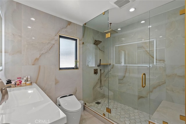 16810 Adlon Rd, Encino, CA 91436 - full bathroom with a marble finish shower, tile walls, and recessed lighting