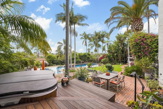 308 Sunset Dr Unit A, Encinitas, CA 92024 - wooden terrace featuring a covered hot tub, an outdoor pool, outdoor dining space, and a patio