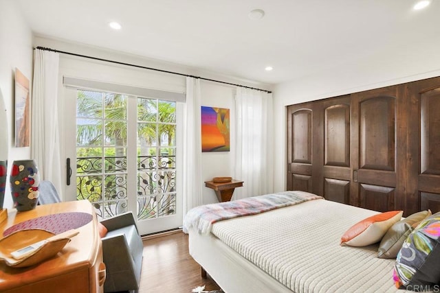 308 Sunset Dr Unit A, Encinitas, CA 92024 - bedroom with access to exterior, recessed lighting, wood finished floors, and a closet