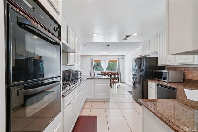 18472 Dragonera Dr, Rowland Heights, CA 91748 - kitchen featuring black appliances, white cabinets, tasteful backsplash, light tile patterned floors, and recessed lighting
