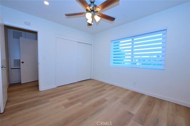 833 W Duarte Rd Unit 11, Arcadia, CA 91007 - unfurnished bedroom with light wood finished floors, a closet, ceiling fan, and recessed lighting