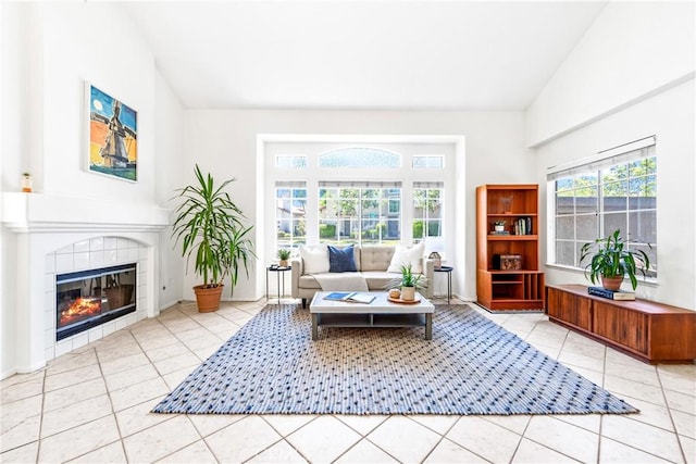 17 Indigo Pl, Aliso Viejo, CA 92656 - sitting room featuring tile patterned floors, lofted ceiling, and a tile fireplace