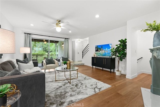 9403 Via Yolanda, Burbank, CA 91504 - living room with wood finished floors, a ceiling fan, stairs, and recessed lighting