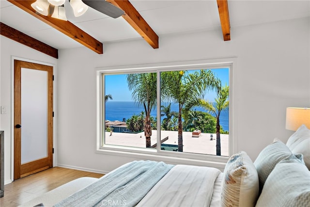32055 Virginia Way, Laguna Beach, CA 92651 - bedroom featuring beam ceiling, a water view, light wood-style floors, and ceiling fan