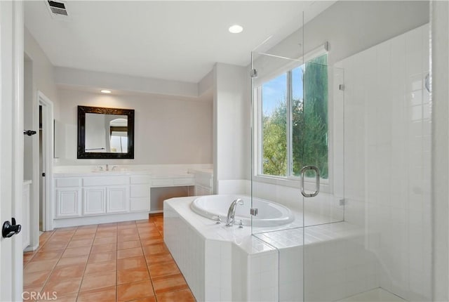 4451 Birdie Dr, Corona, CA 92883 - bathroom featuring vanity, a bath, a shower stall, and tile patterned floors