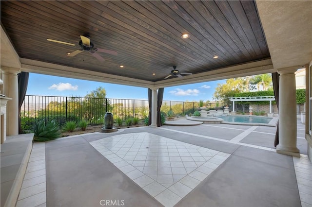 4451 Birdie Dr, Corona, CA 92883 - fenced backyard with a ceiling fan, a pool with connected hot tub, and a patio