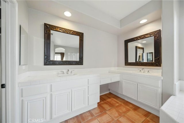 4451 Birdie Dr, Corona, CA 92883 - full bathroom with double vanity, recessed lighting, and tile patterned flooring